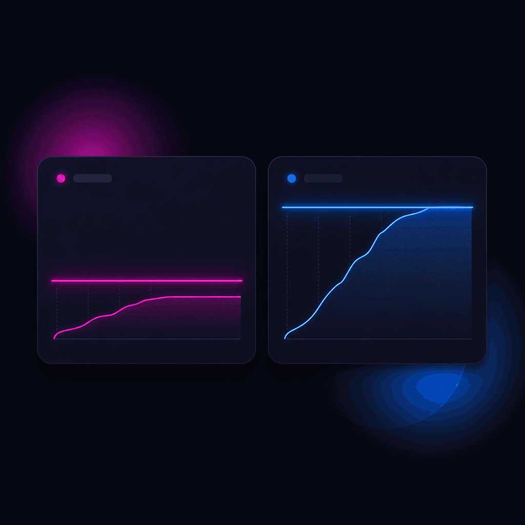 Two stylized pricing dashboards side by side - one with a single line capped at a low ceiling, the other with the same line climbing higher before its own cap kicks in - representing two spend-tied pricing models