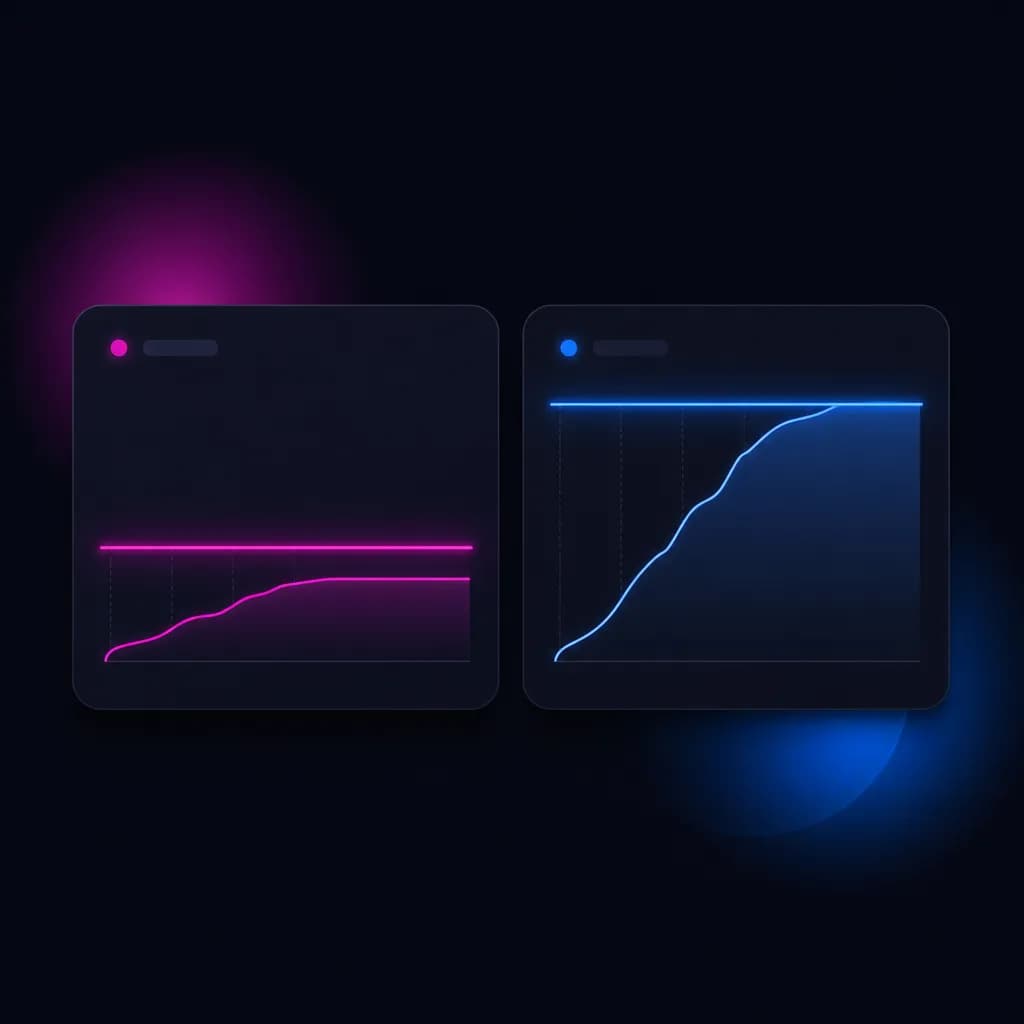 Two stylized pricing dashboards side by side - one with a single line capped at a low ceiling, the other with the same line climbing higher before its own cap kicks in - representing two spend-tied pricing models