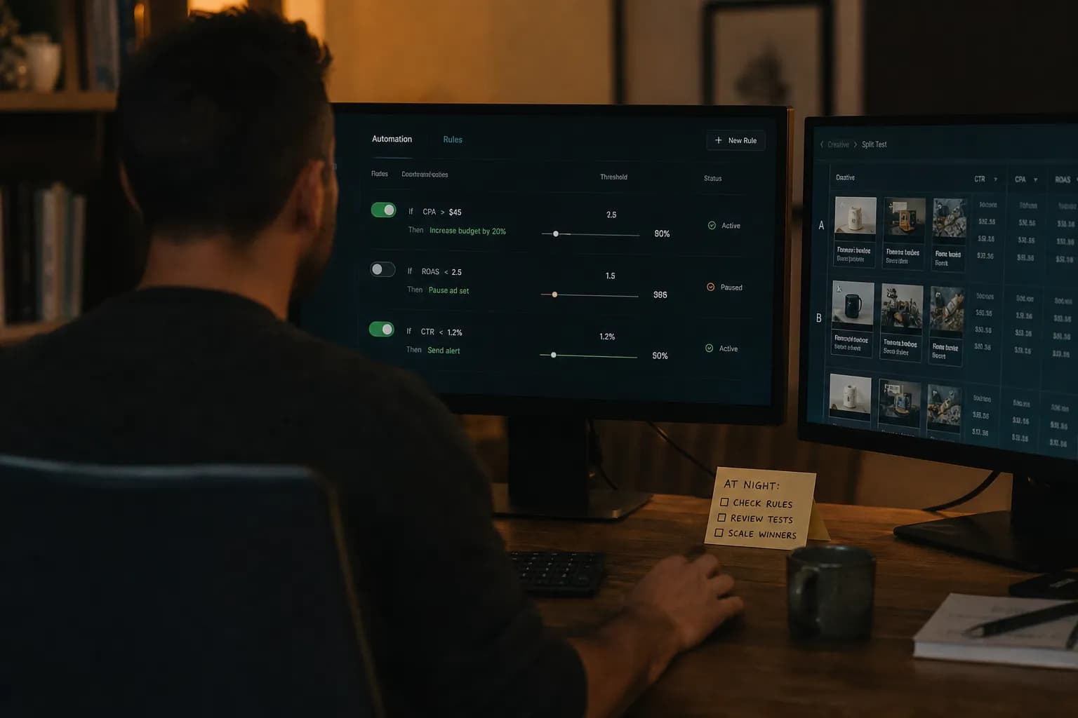 A performance marketer at a desk in late evening light, two monitors visible from behind - one showing an abstracted rule-engine dashboard, the other a split-test matrix - hands resting near the keyboard