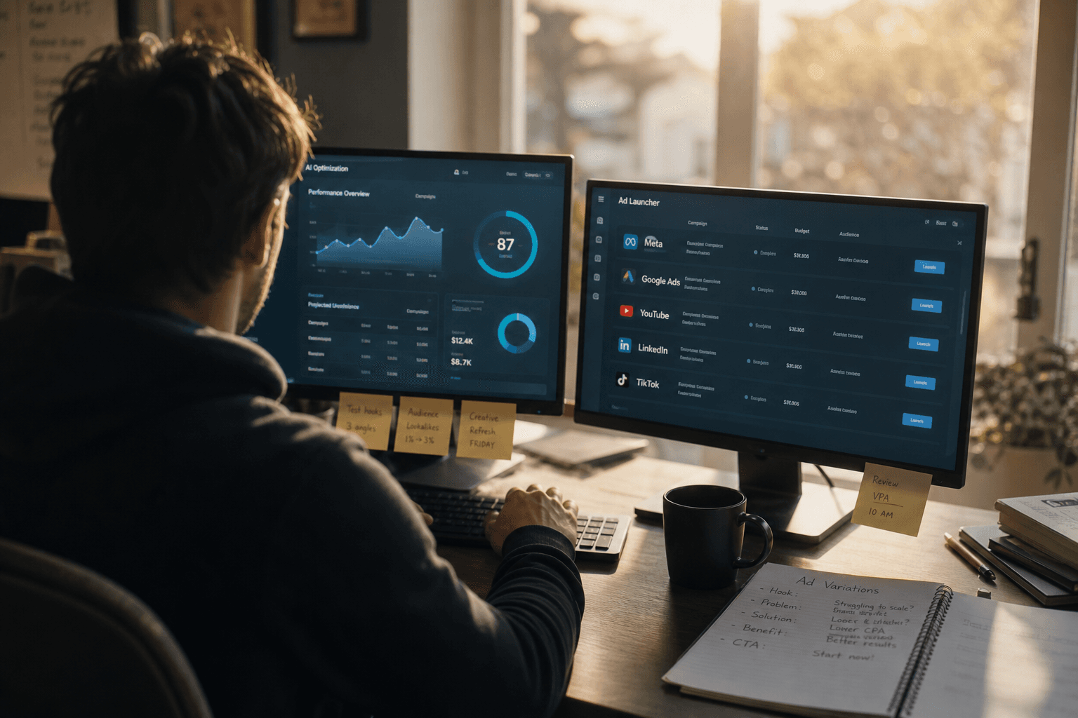Two monitors on a marketer's desk in early morning light: one screen full of AI optimization charts, the other a multi-network ad launcher with batched campaigns - the daily tension between optimizing what already runs and launching what is next