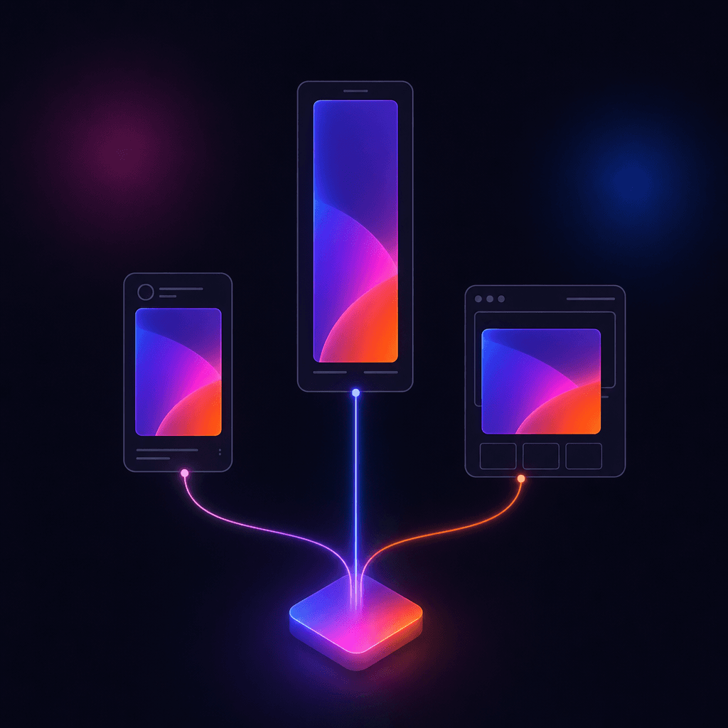 An abstract illustration of one creative concept rendered into three nested rectangles, a tall vertical, a portrait and a square, fanning out toward different device frames, representing one idea exported into multiple ad aspect ratios