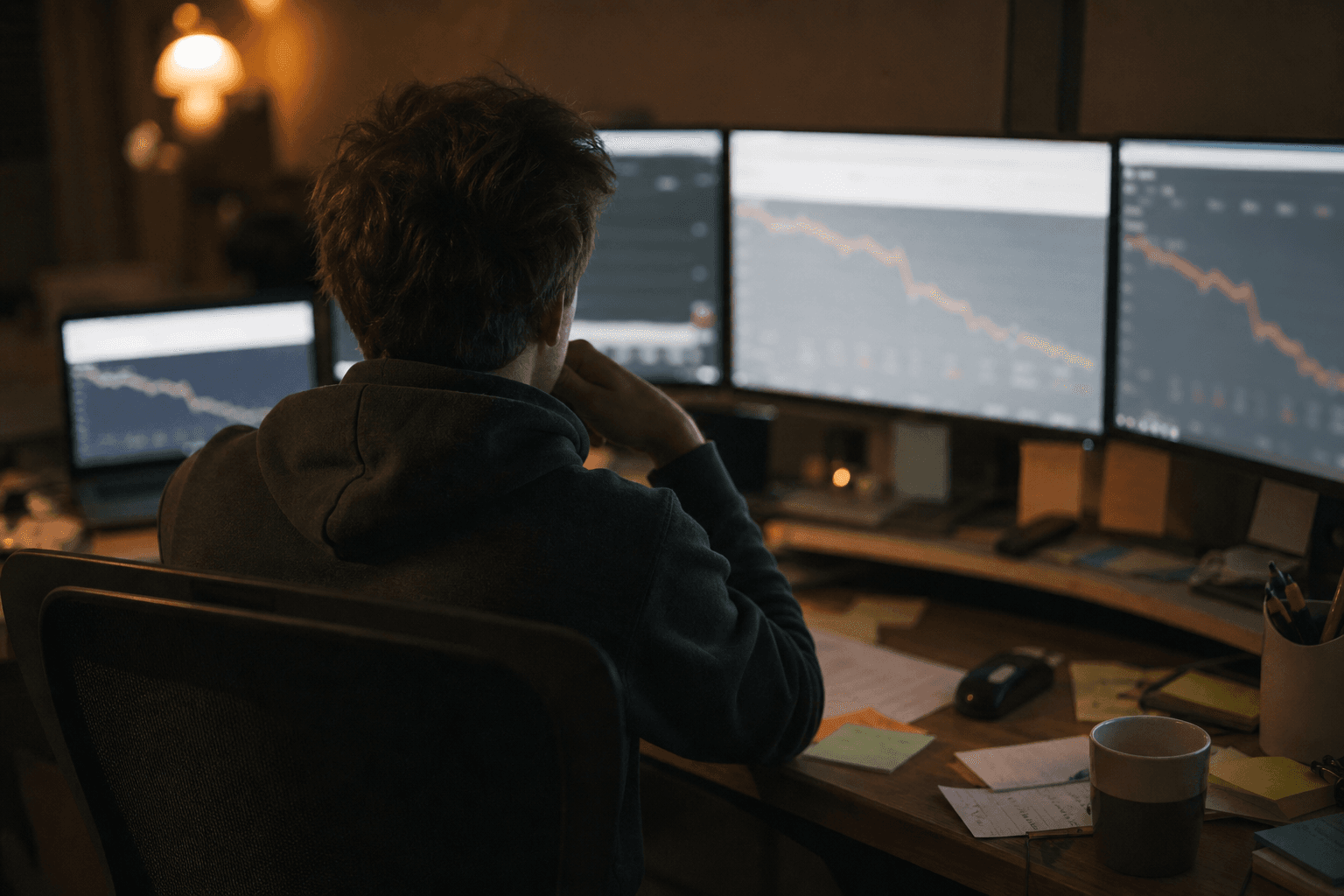 A performance marketer late in the evening facing monitors of downward-sloping metric lines, the quiet moment of watching ad performance decay