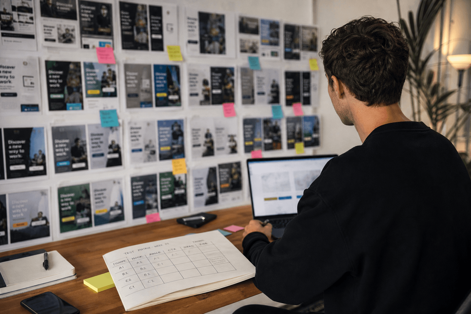A performance marketer reviewing a grid of Facebook ad creative variants on screen, planning a weekly creative test