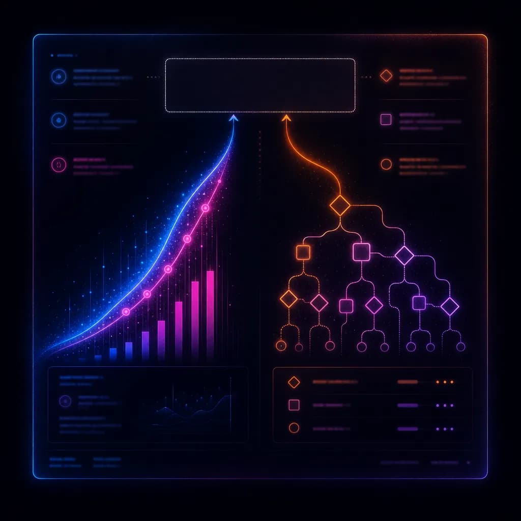 Two stylized data flows - an AI optimization curve and a rules-engine condition tree - both pointing back to a single empty bottleneck on the upstream side, representing the launch step neither tool centers on