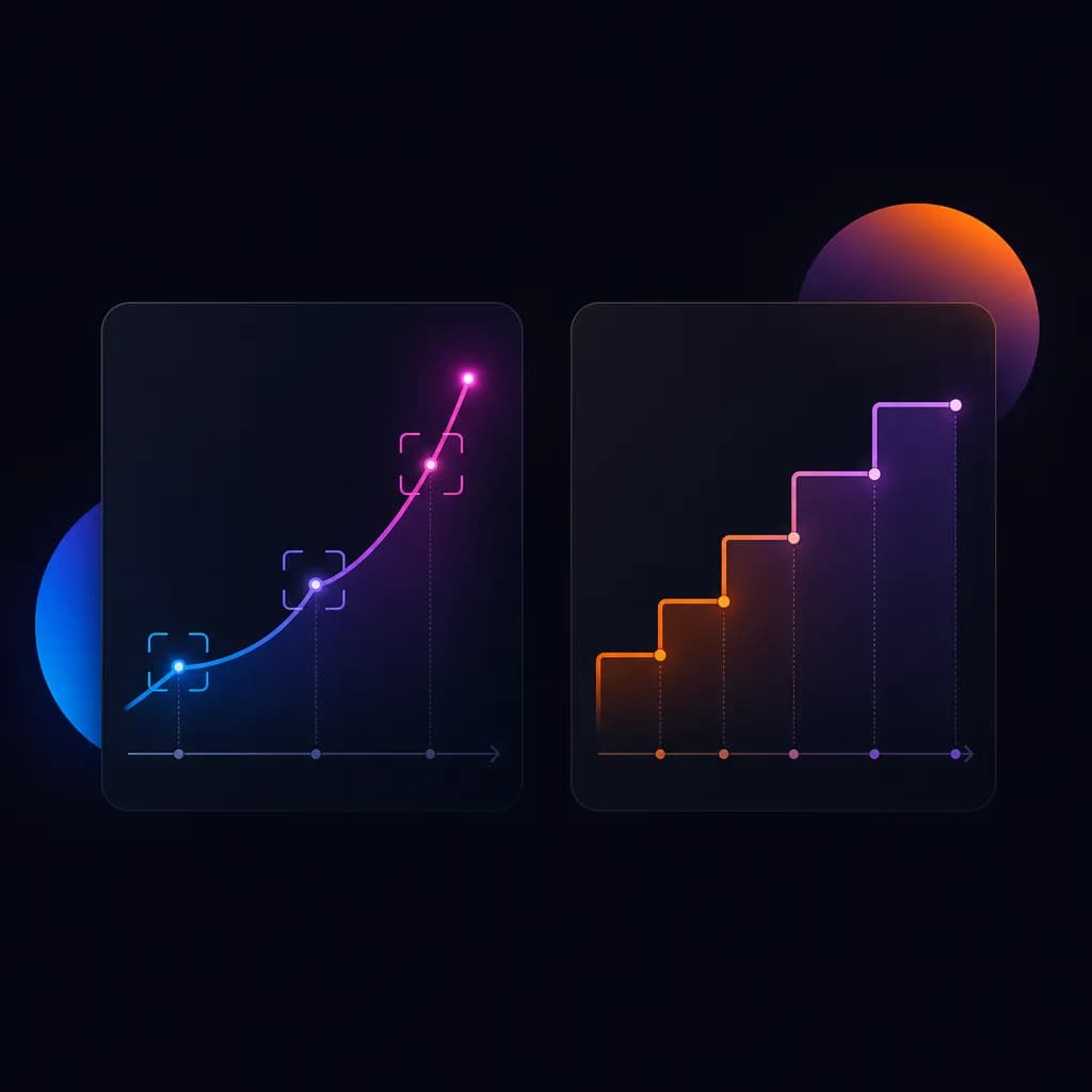 Two stylized pricing dashboards side by side - one with a curve climbing through AI-shaped brackets, the other with a stepped staircase tied to managed-spend tiers - representing two different spend-tied pricing models