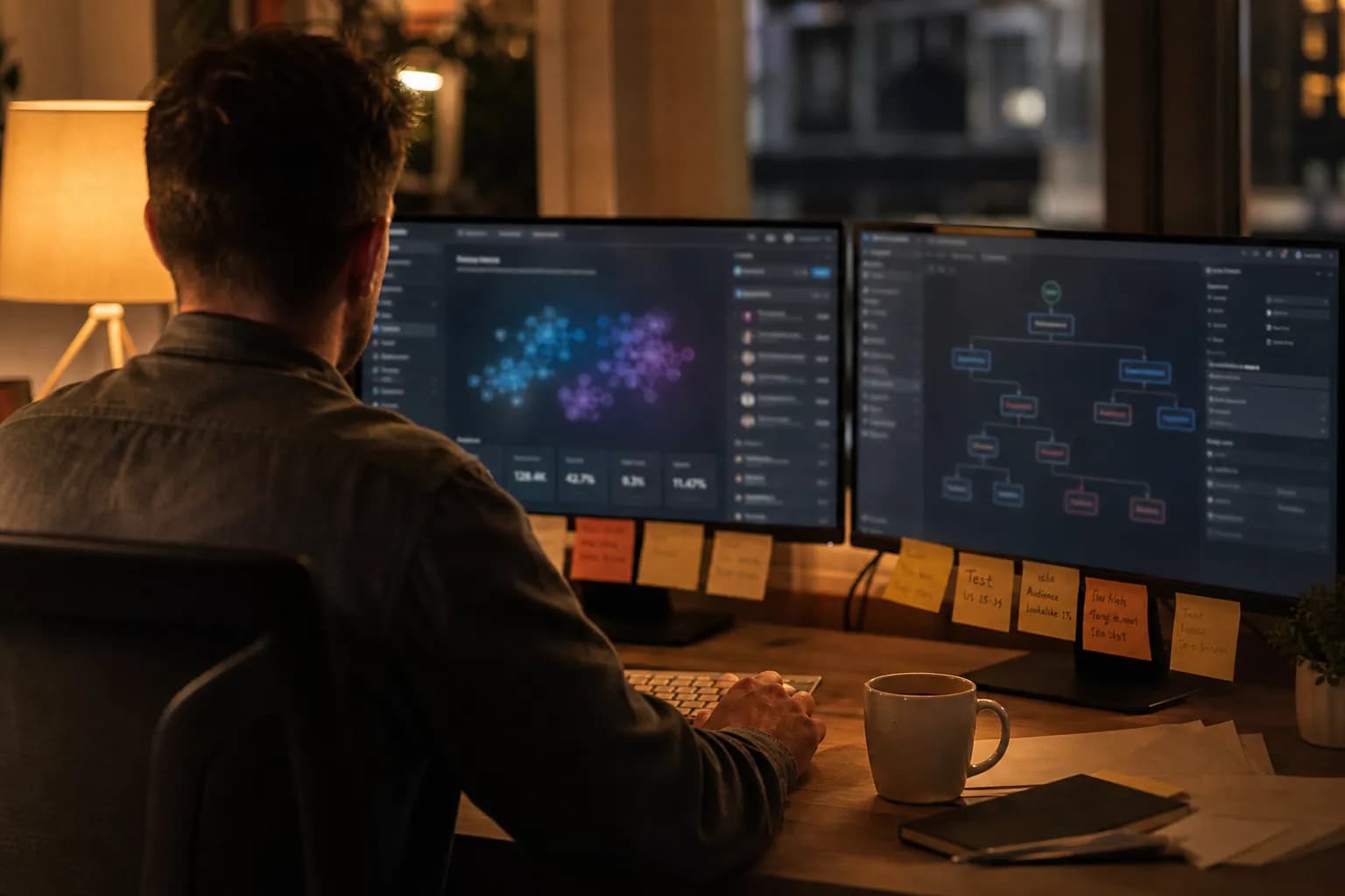 A performance marketer at a desk in late evening light, two monitors visible from behind - one showing an abstracted AI dashboard with audience graphs, the other a rules-engine condition tree - hands resting near the keyboard