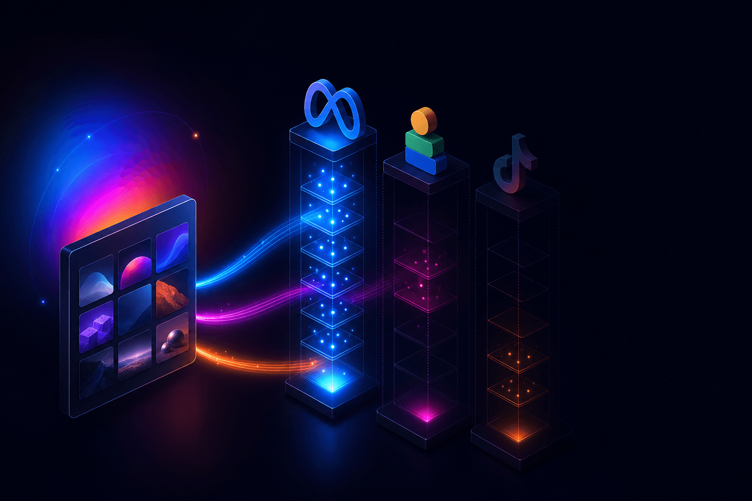 The uplads launch screen showing one creative library feeding ads queued for Meta, Google Performance Max and TikTok