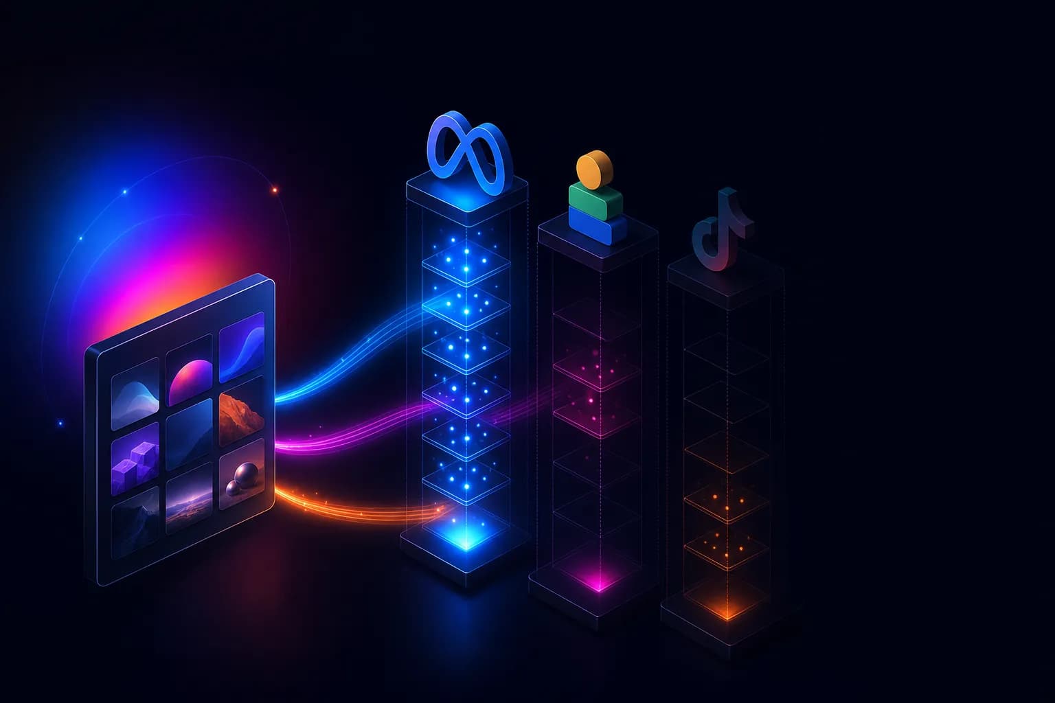 The uplads launch screen showing one creative library feeding ads queued for Meta and TikTok, with Google Performance Max on the roadmap