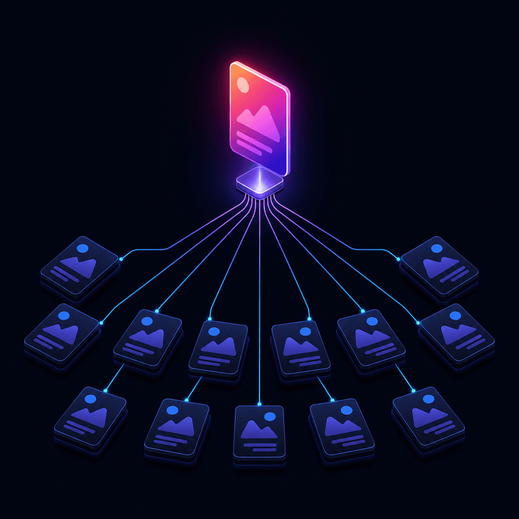 An abstract illustration of one creative fanning out into many ad sets across a scaling Facebook campaign structure