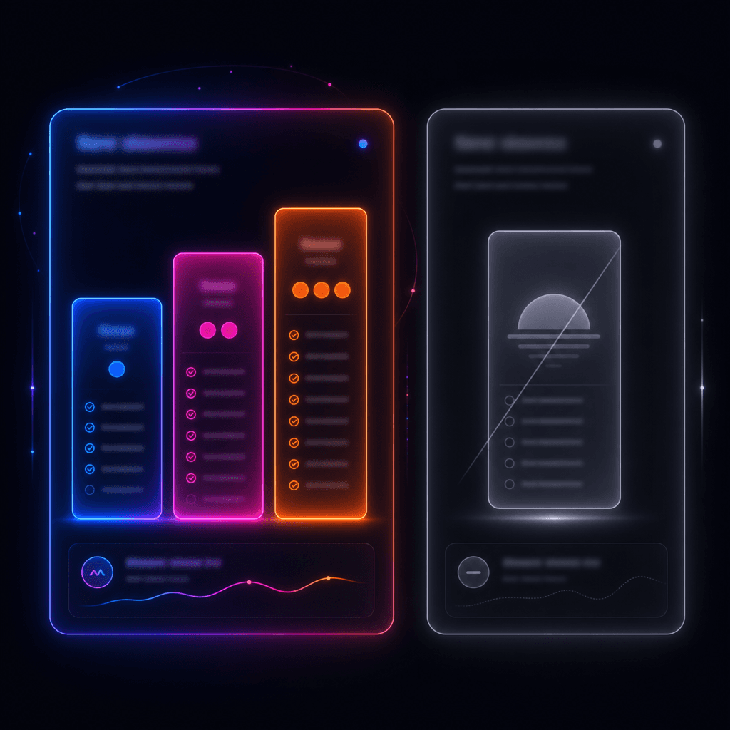 Stylized pricing dashboard: three ascending tier rectangles glowing on the left, a single dimmed sunset indicator on the right - the pricing story of a live product versus a sunset one