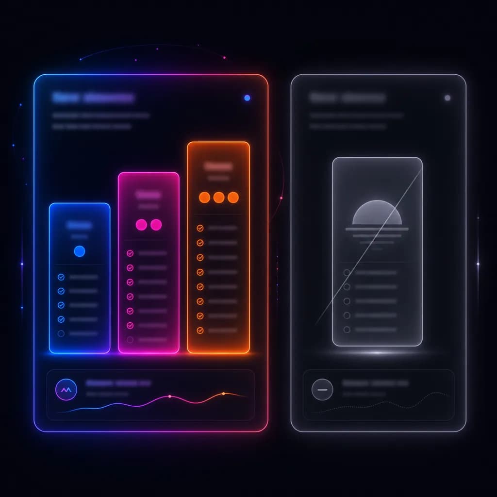 Stylized pricing dashboard: three ascending tier rectangles glowing on the left, a single dimmed sunset indicator on the right - the pricing story of a live product versus a sunset one