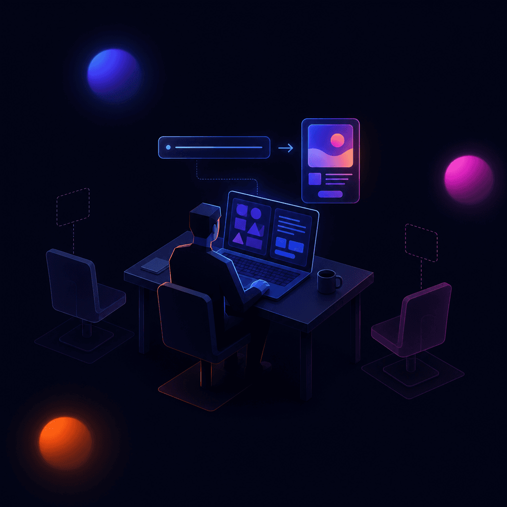 A solo agency owner at a small desk with no designer chair and no media-buyer chair next to them - an AI panel on the screen turning a one-line brief into a finished Meta ad
