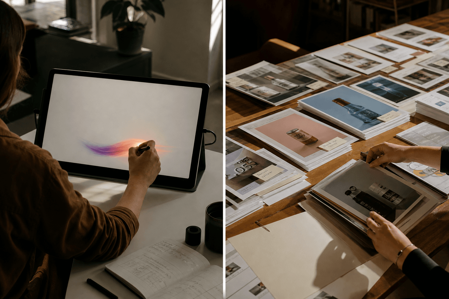 A split scene with a blank canvas on the left being filled in by an AI brush, and on the right a stack of 80 finished ad creatives waiting to be queued into Meta - two adjacent jobs, not the same one