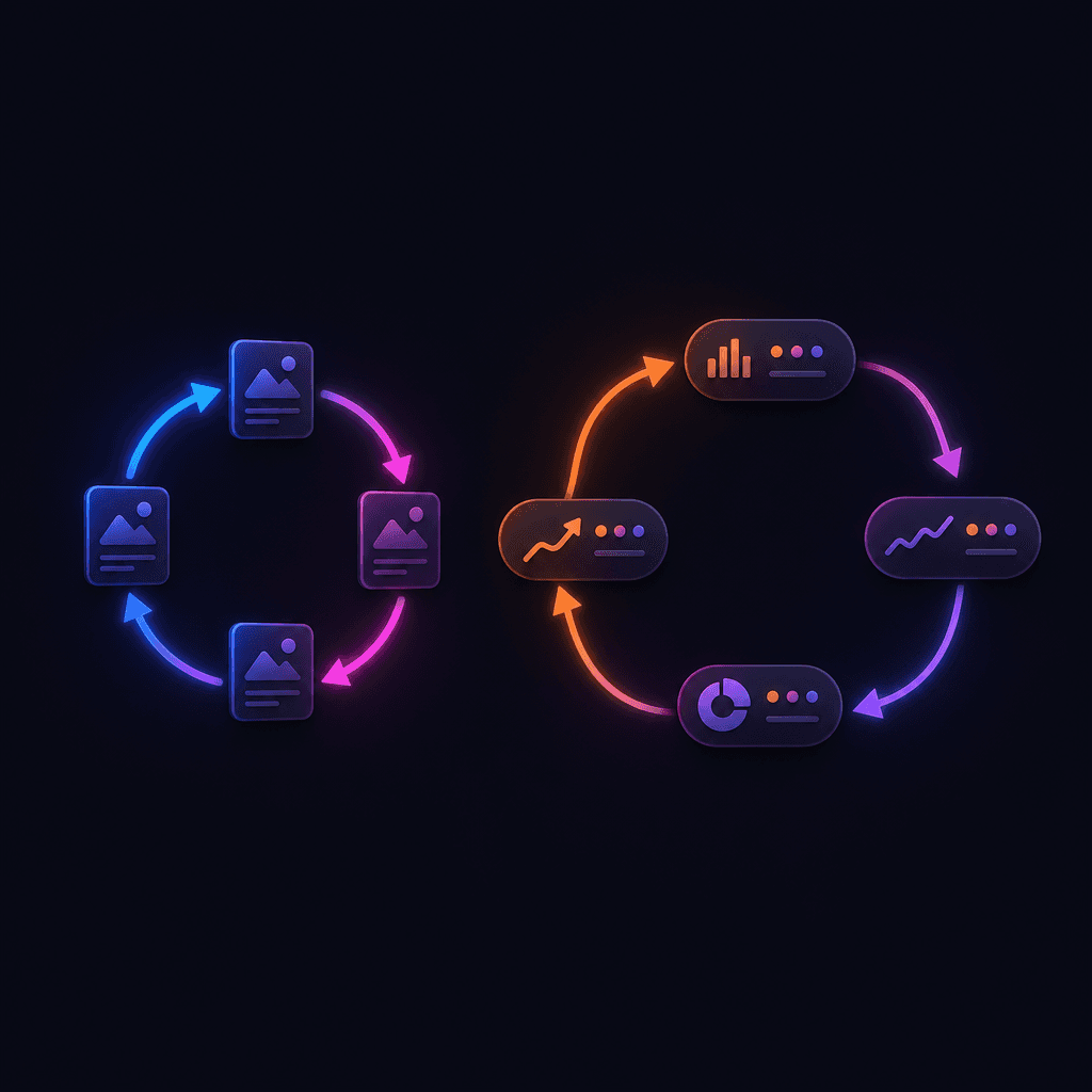 Two abstract gradient loop diagrams floating side by side - a tight blue-magenta launch loop on the left and a wider orange-purple optimization loop on the right