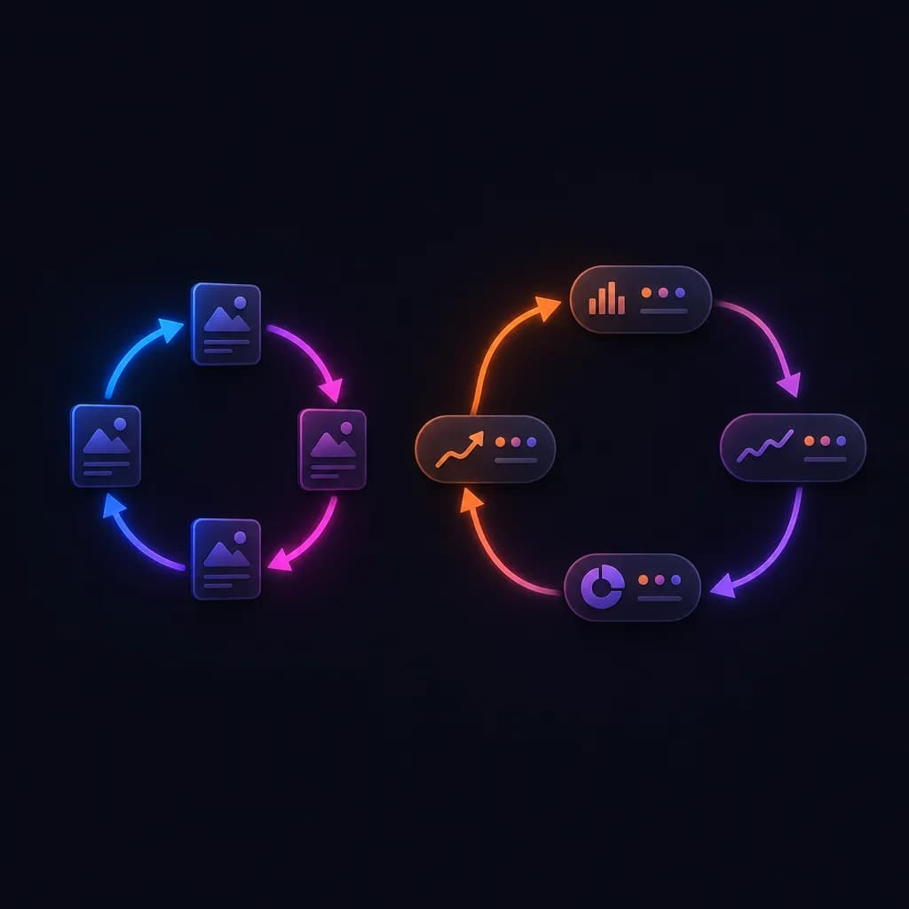 Two abstract gradient loop diagrams floating side by side - a tight blue-magenta launch loop on the left and a wider orange-purple optimization loop on the right