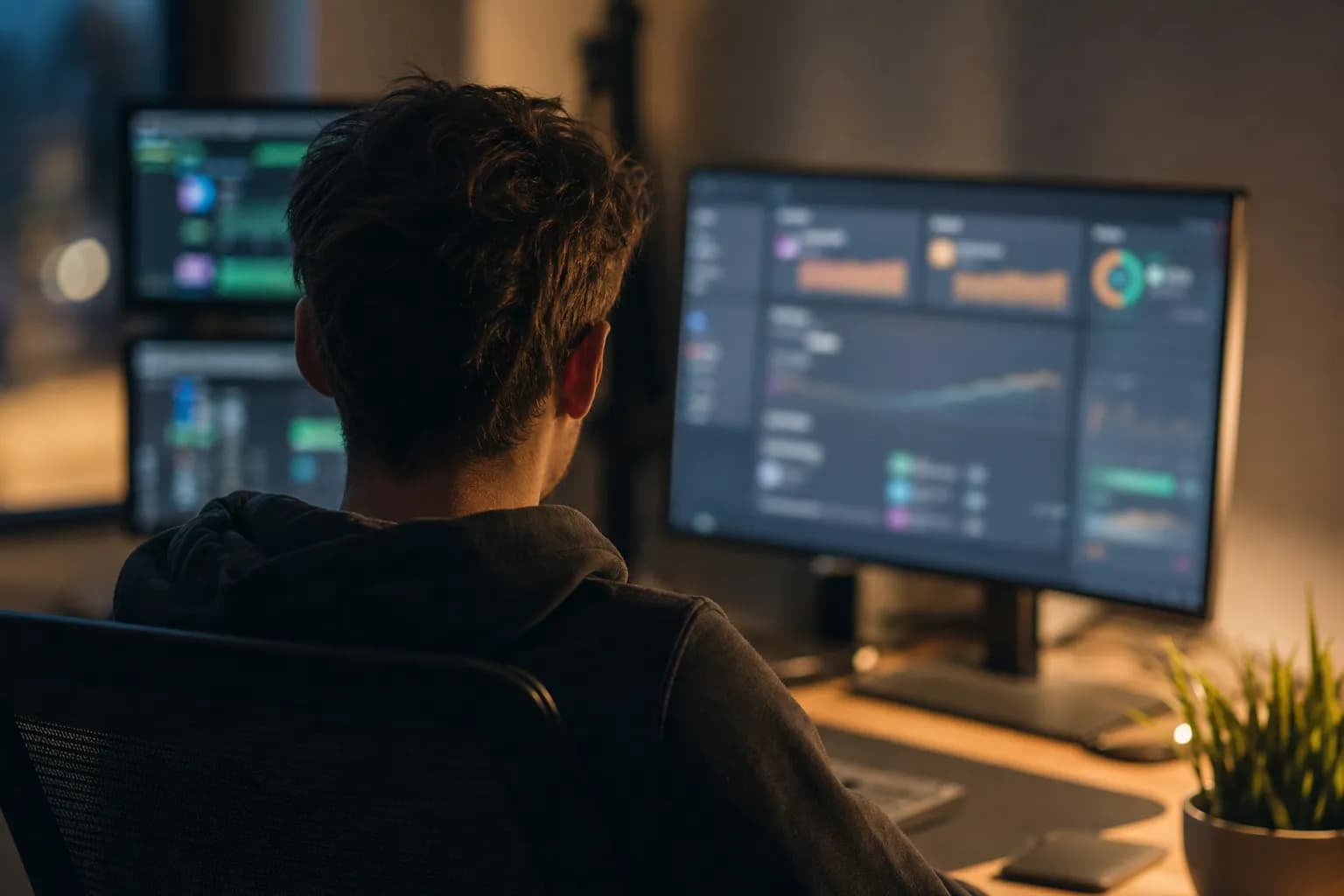 Over-the-shoulder view of a softly glowing dashboard monitor at an angle, secondary screens out of focus in the background, evening home-office light, no readable text on screen