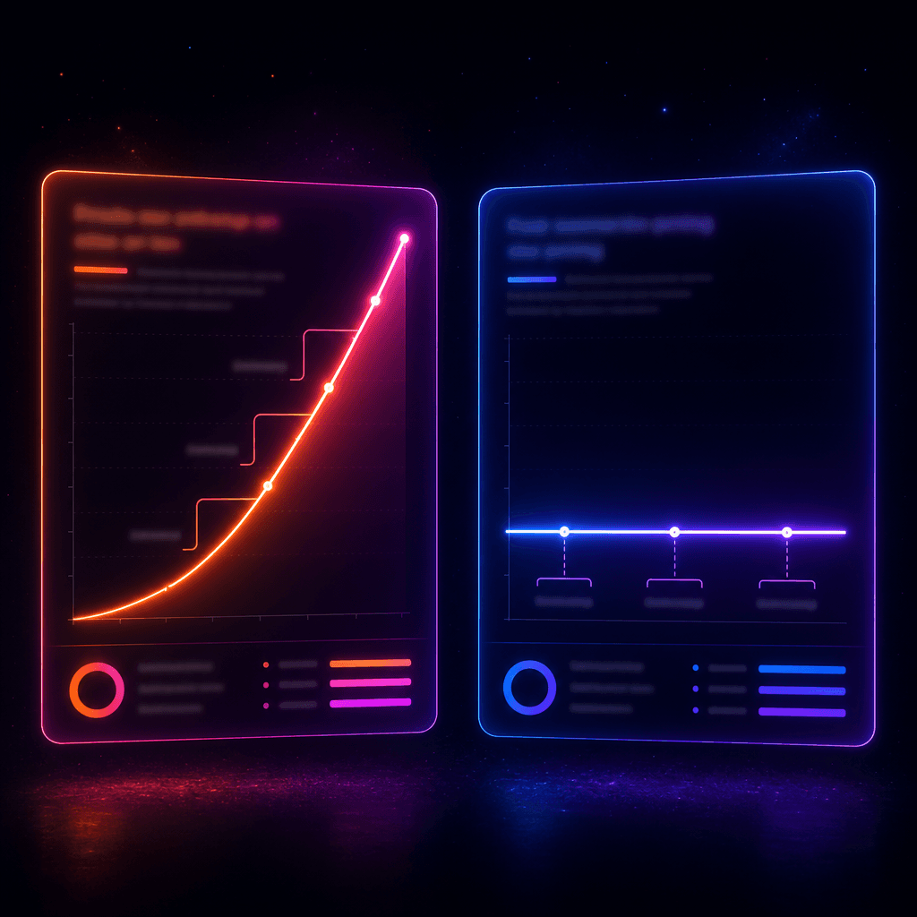 Two stylized dashboard panels: a steeply climbing line chart on the left, a flat horizontal line at a low constant level on the right - spend-tied pricing versus flat account pricing