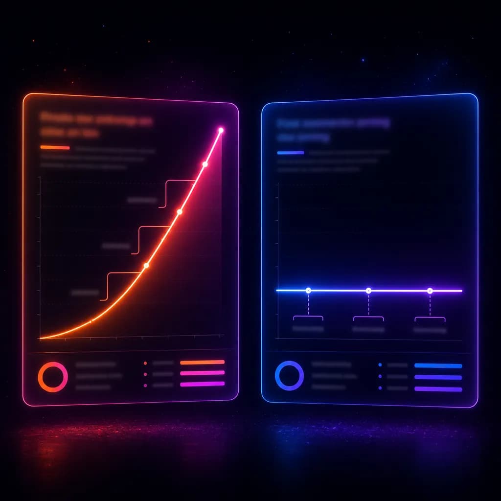Two stylized dashboard panels: a steeply climbing line chart on the left, a flat horizontal line at a low constant level on the right - spend-tied pricing versus flat account pricing