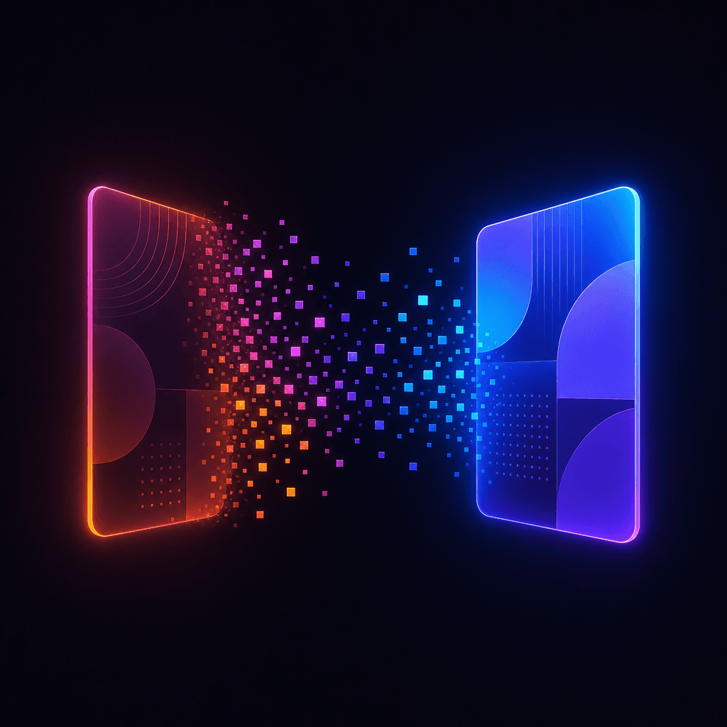 An older container shape on the left dissolving into floating particles, a fresher container shape on the right forming from those same particles - an abstract rebrand visual