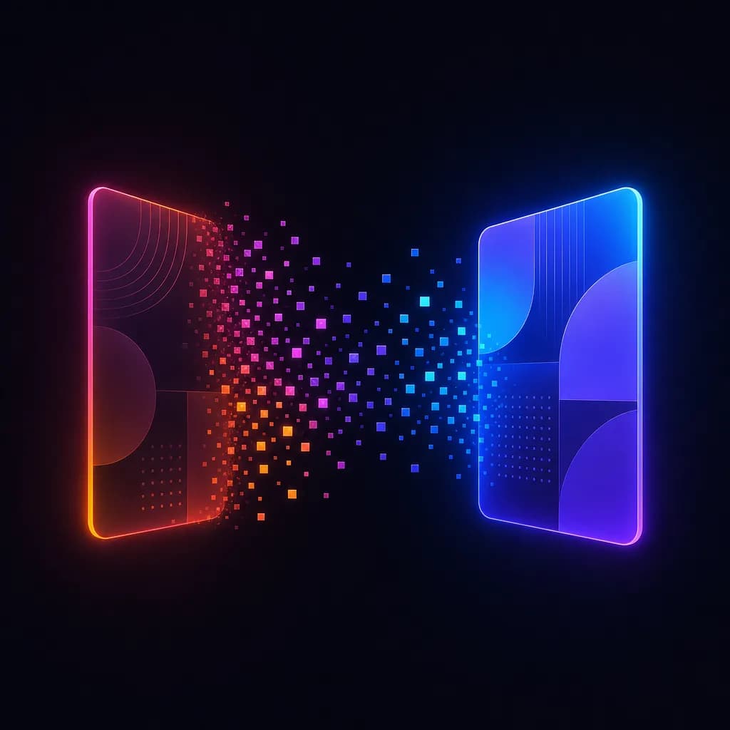 An older container shape on the left dissolving into floating particles, a fresher container shape on the right forming from those same particles - an abstract rebrand visual