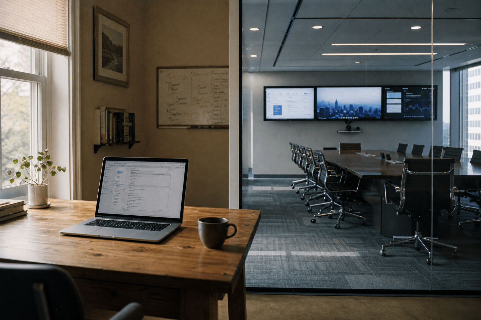 Split scene: a small home-office desk with a single laptop and coffee on the left, a large empty enterprise glass-wall conference room from a distance on the right