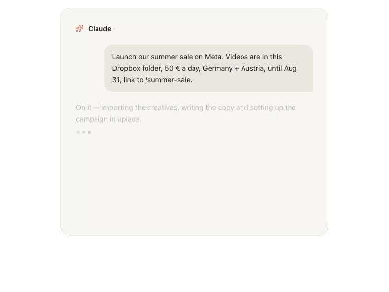 Claude-style chat demonstrating the uplads MCP workflow