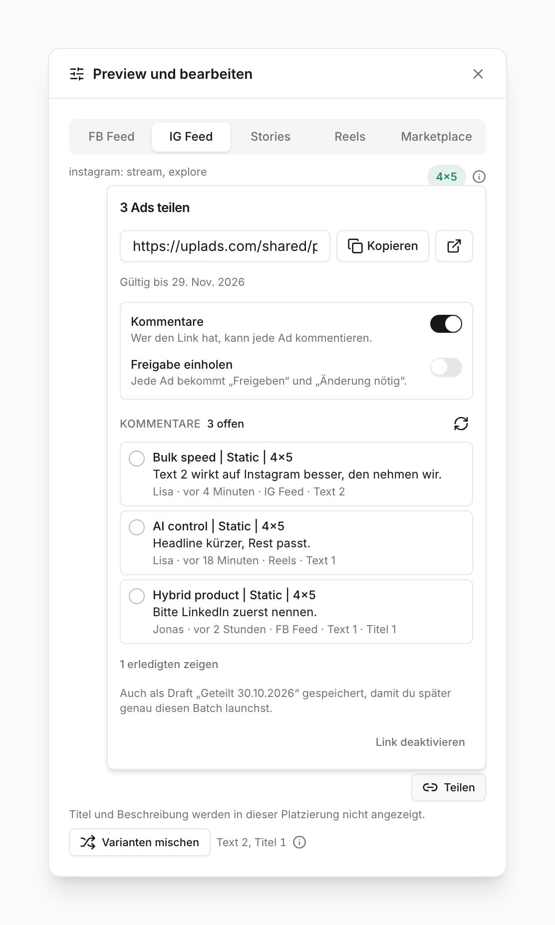 Das Teilen-Fenster im uplads Ad Launcher: Kommentare an, Freigabe aus, drei offene Kommentare von Lisa und Jonas, jeweils mit Ad, Placement und Text