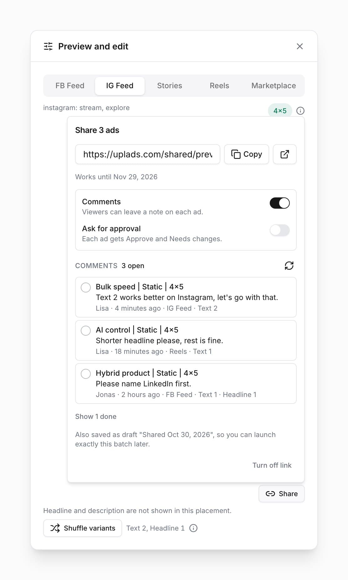 The Share popover in the uplads Ad Launcher: comments on, approval off, three open comments from Lisa and Jonas, each with its ad, placement and text