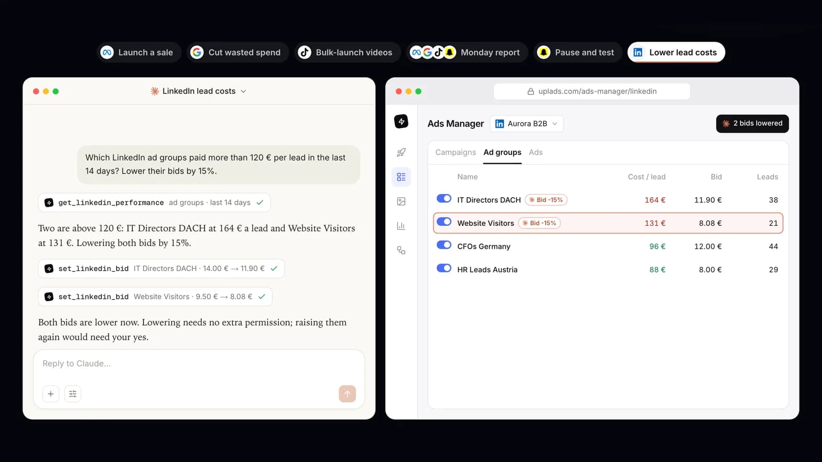 Claude finds two LinkedIn ad groups above 120 EUR per lead and lowers both bids by 15% through the uplads MCP connector, mirrored in the uplads Ads Manager