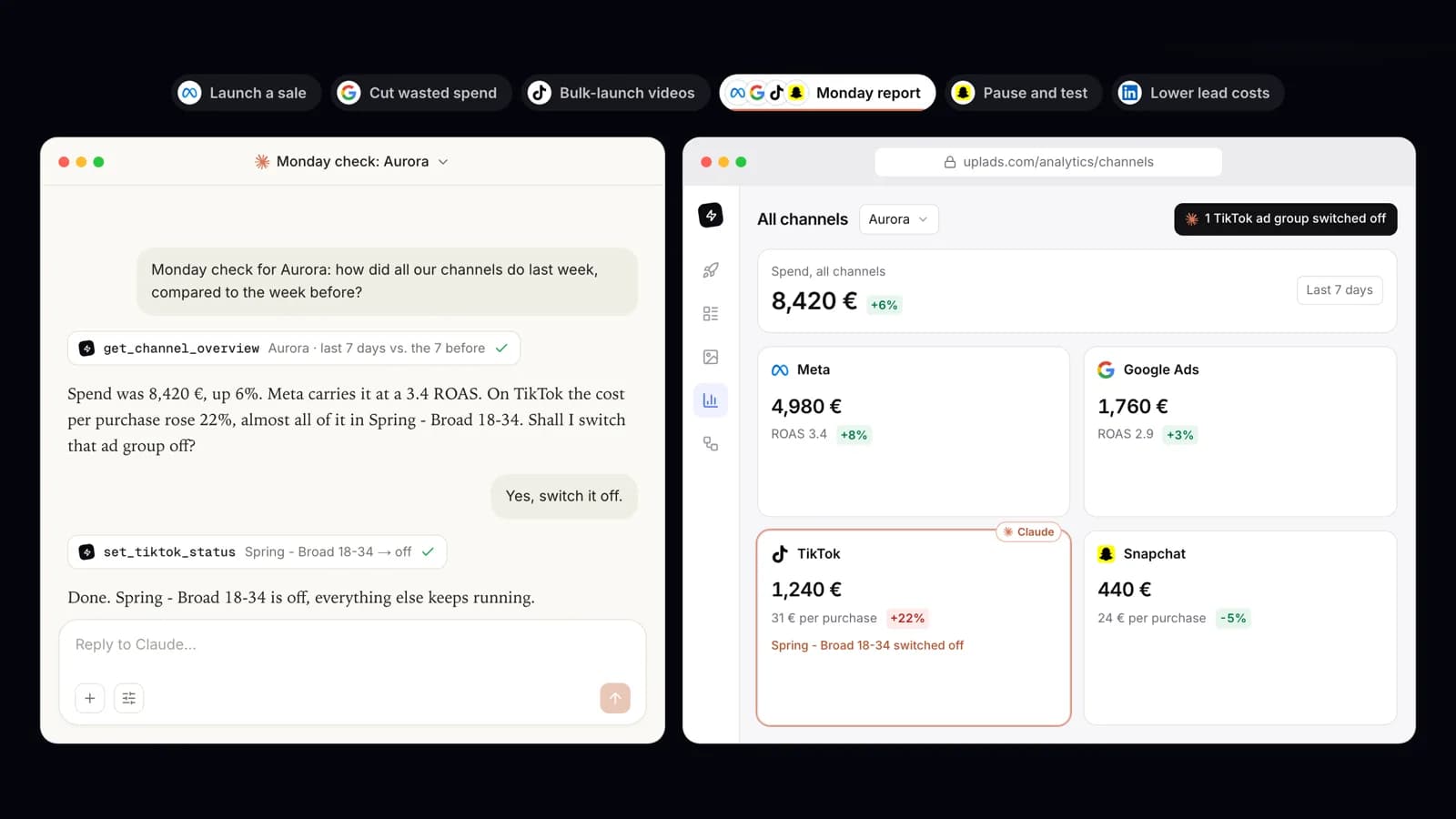 Claude reads Meta, Google Ads, TikTok and Snapchat results for one client through the uplads MCP connector and switches off a TikTok ad group after the user says yes