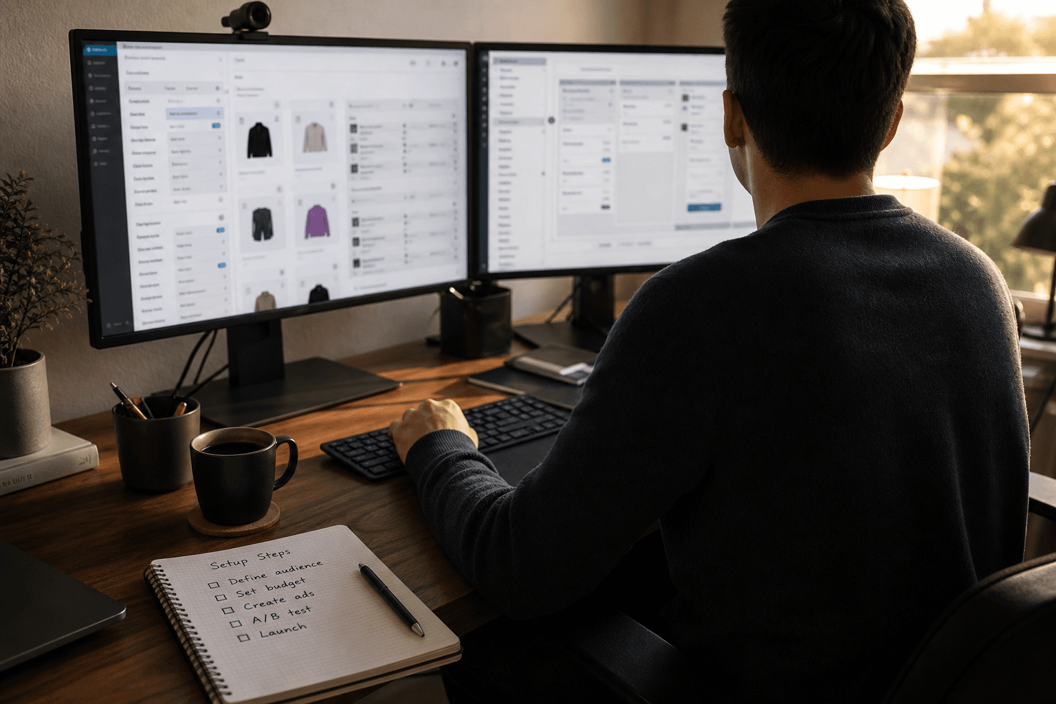 A performance marketer setting up a Meta catalog campaign at a desk, Commerce Manager and Ads Manager open side by side