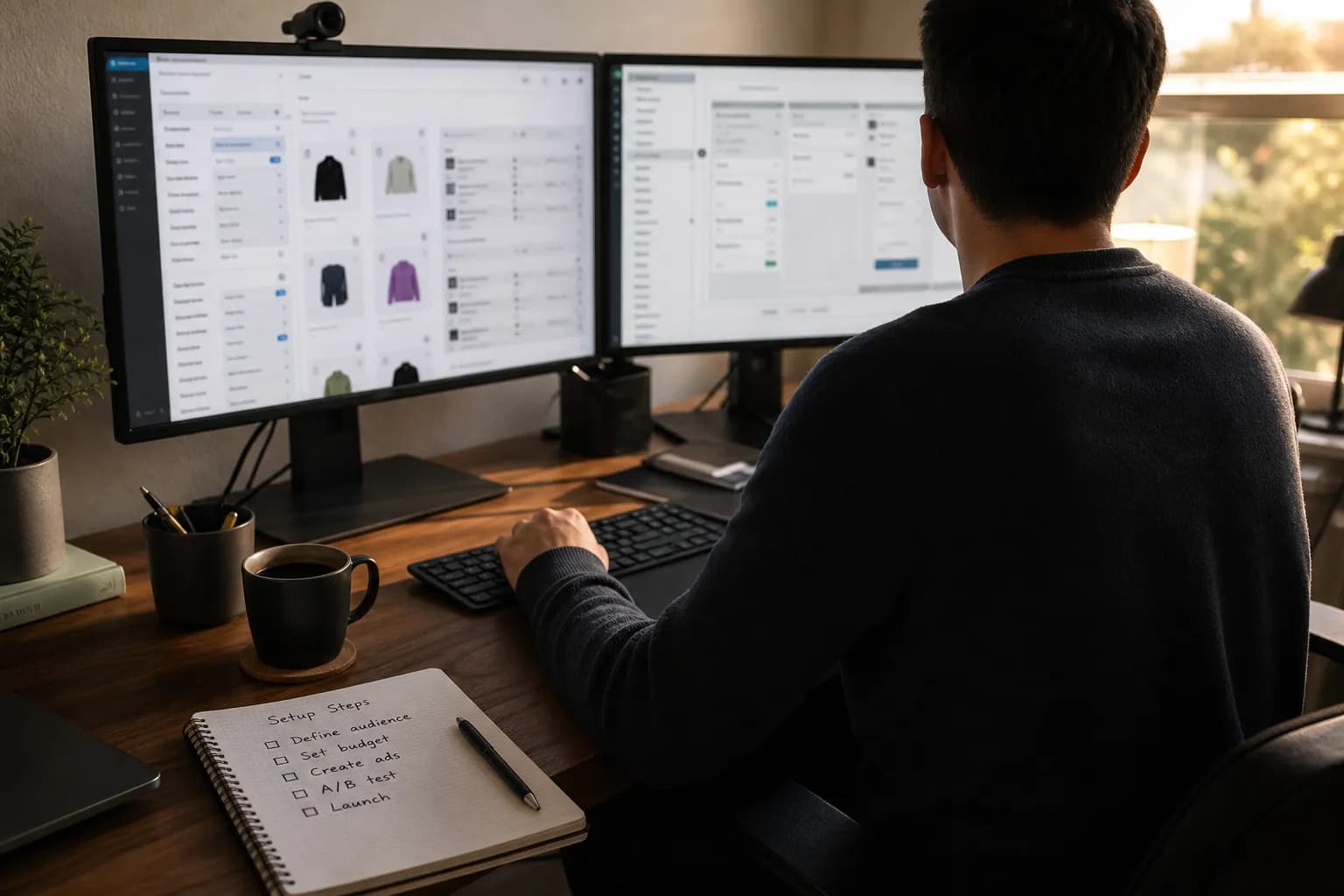 A performance marketer setting up a Meta catalog campaign at a desk, Commerce Manager and Ads Manager open side by side