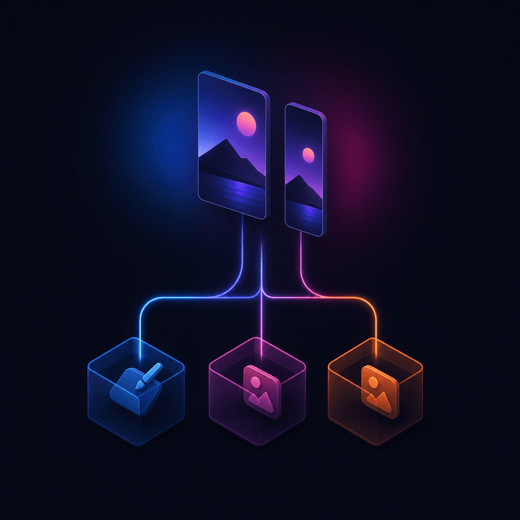 One creative concept rendered in 4×5 and 9×16 fanning out across three separate client Facebook ad accounts from a single launch screen