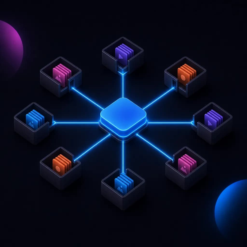 A single central hub connected by glowing spokes to eight separate walled client compartments, each holding its own stack of creatives