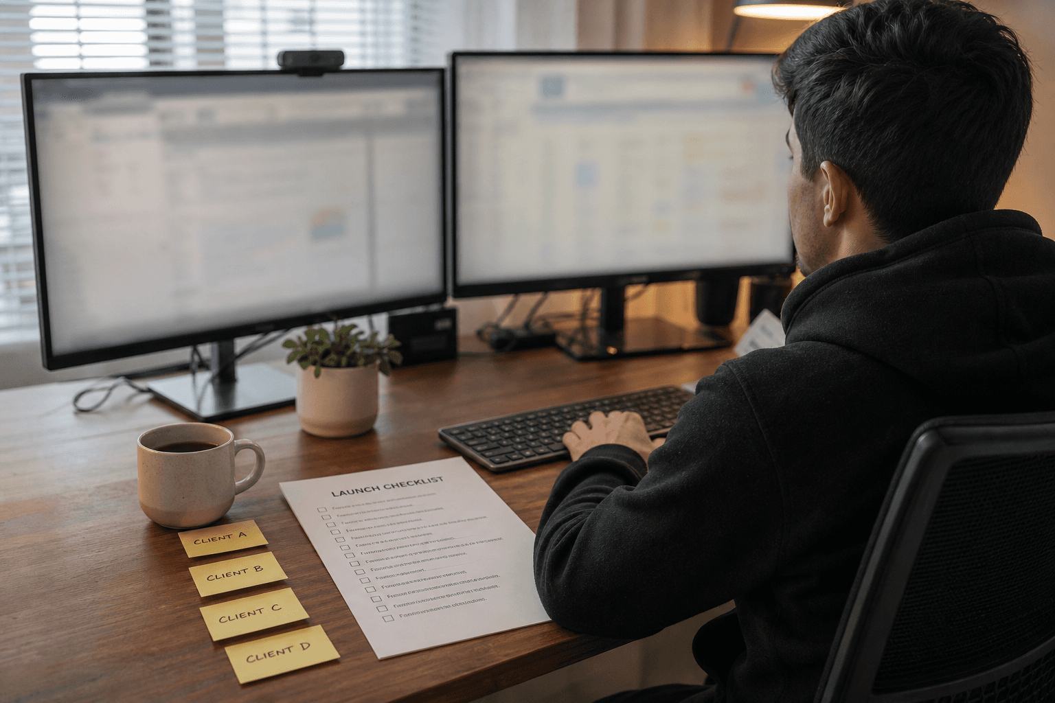 A paid media operator at a desk reviewing a client ad launch checklist across multiple accounts