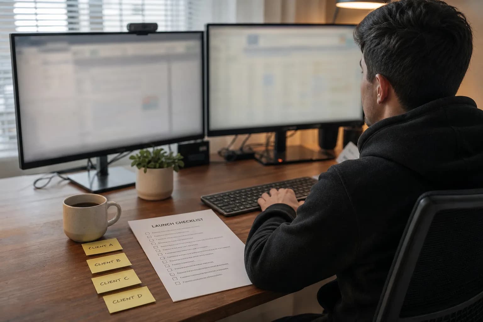A paid media operator at a desk reviewing a client ad launch checklist across multiple accounts