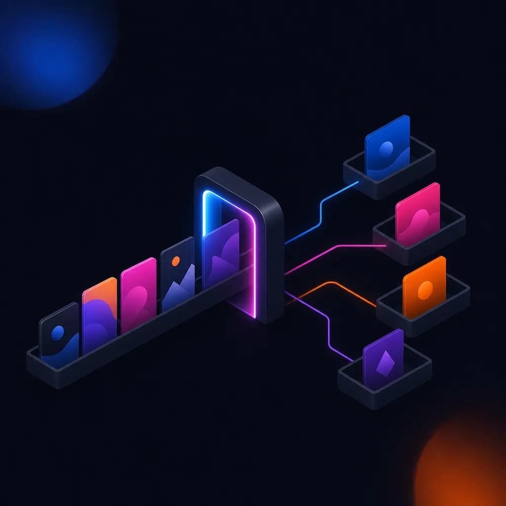 A queue of creative cards passing through a single glowing checkpoint before continuing into separate client destination trays