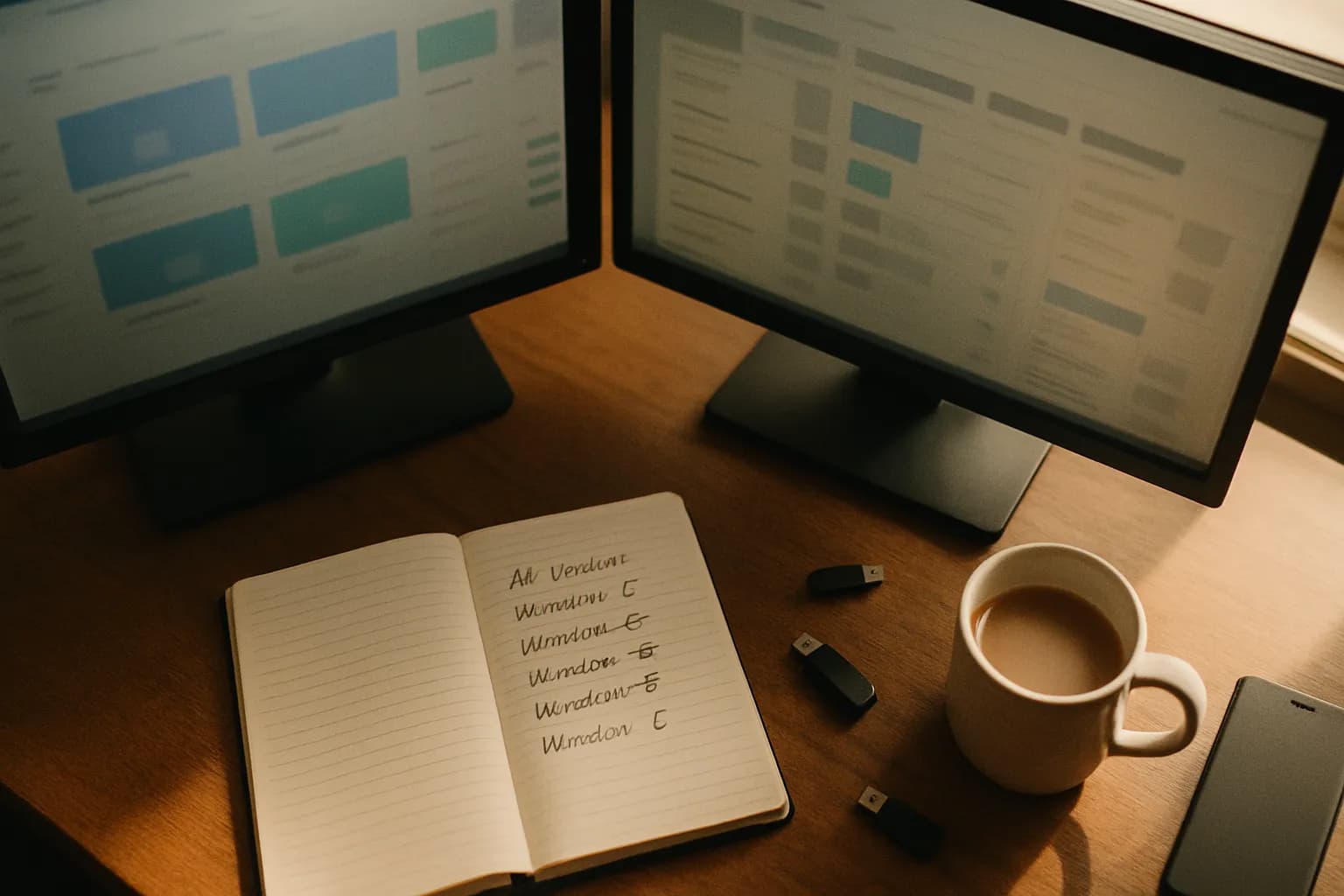 A wide overhead view of a marketer's workstation: two monitors showing campaign dashboards, a notebook with handwritten ad variations, coffee, and a phone notification - the daily reality of bulk ad ops