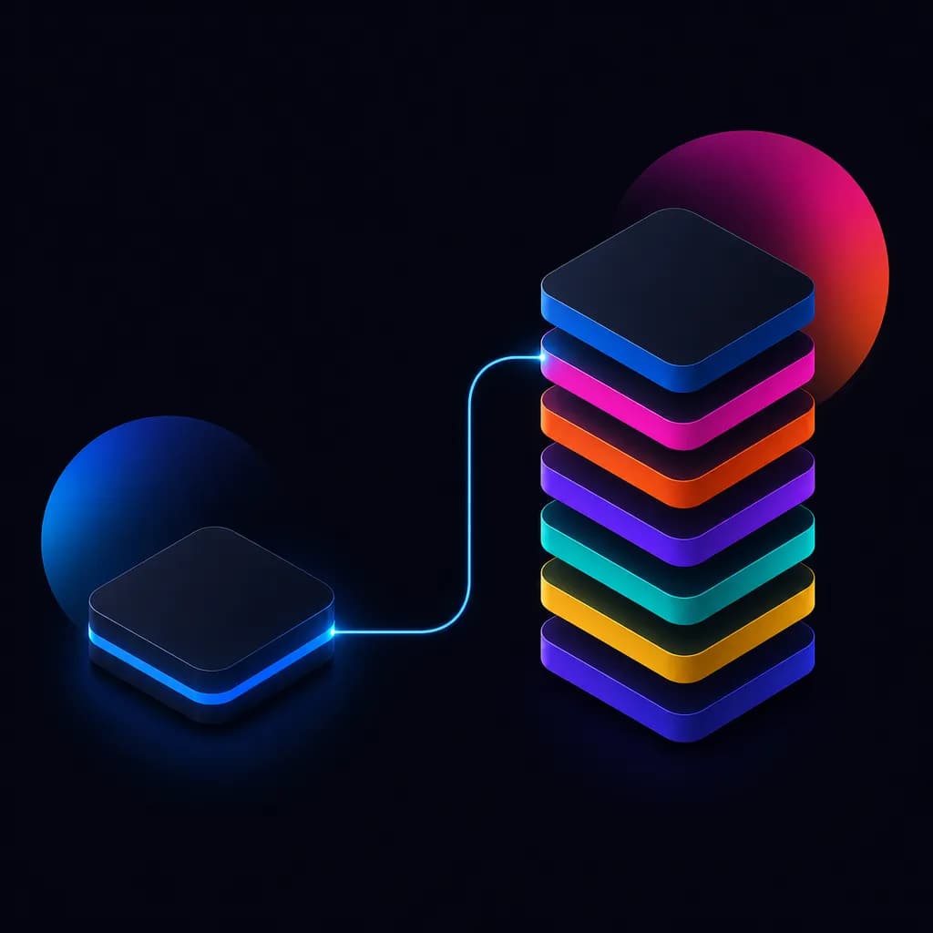 Abstract layered illustration: a small focused single-color card beside a tall seven-layer multi-color stack, connected by a thin routing line - one focused launcher against a full operational platform