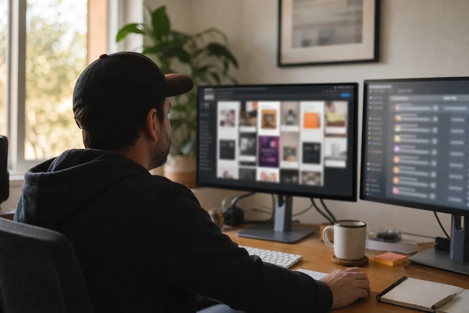 A performance marketer at a desk in early-morning light, reviewing a grid of ad creatives on one monitor and a launch queue on the other, coffee beside the keyboard - the weekly batch-launch ritual that bulk ad tools exist to compress