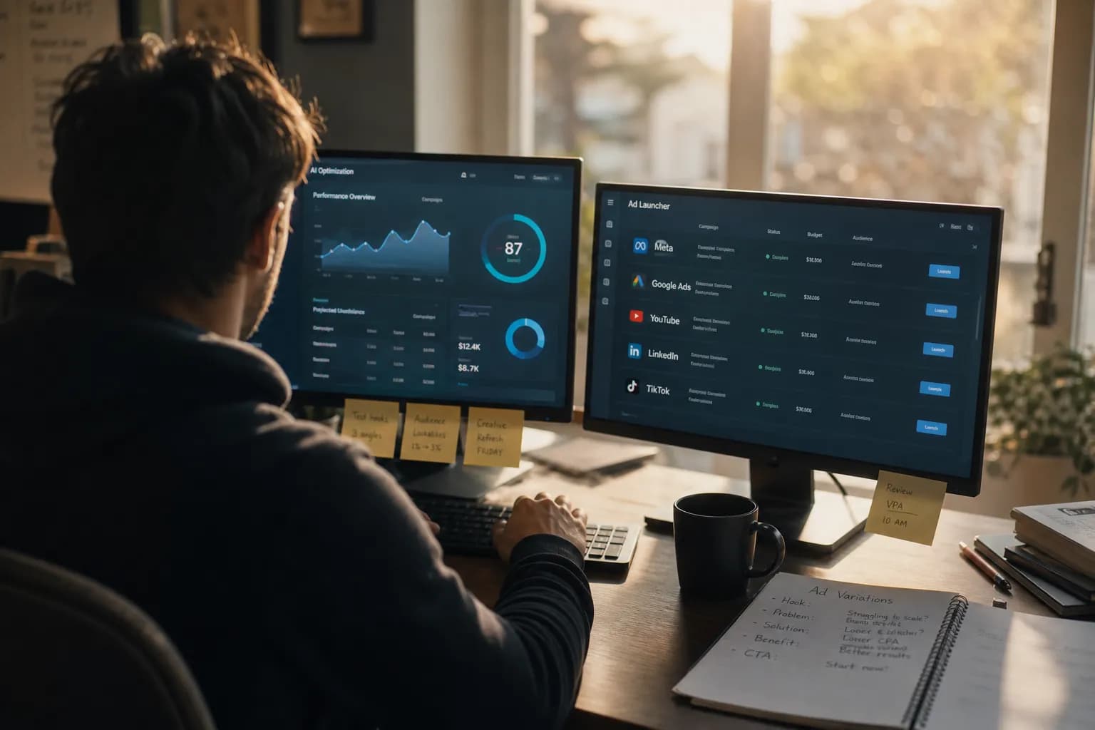 Two monitors on a marketer's desk in early morning light: one screen full of AI optimization charts, the other a multi-network ad launcher with batched campaigns - the daily tension between optimizing what already runs and launching what is next