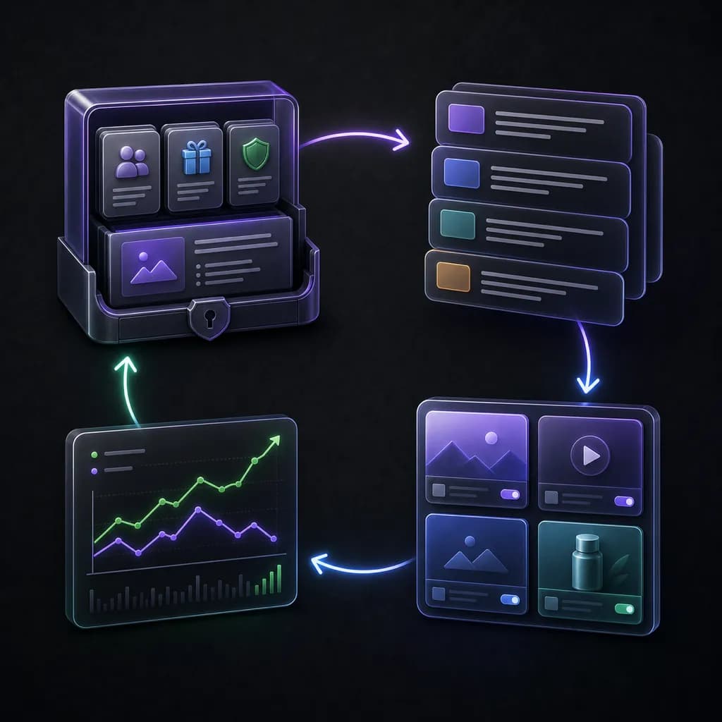 A loop connecting structured brand context, copy variants, live ads, and performance evidence