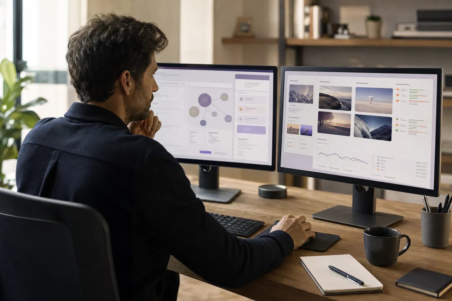 A performance marketer connecting a structured campaign brief on one monitor to a live ad launch workflow on the other