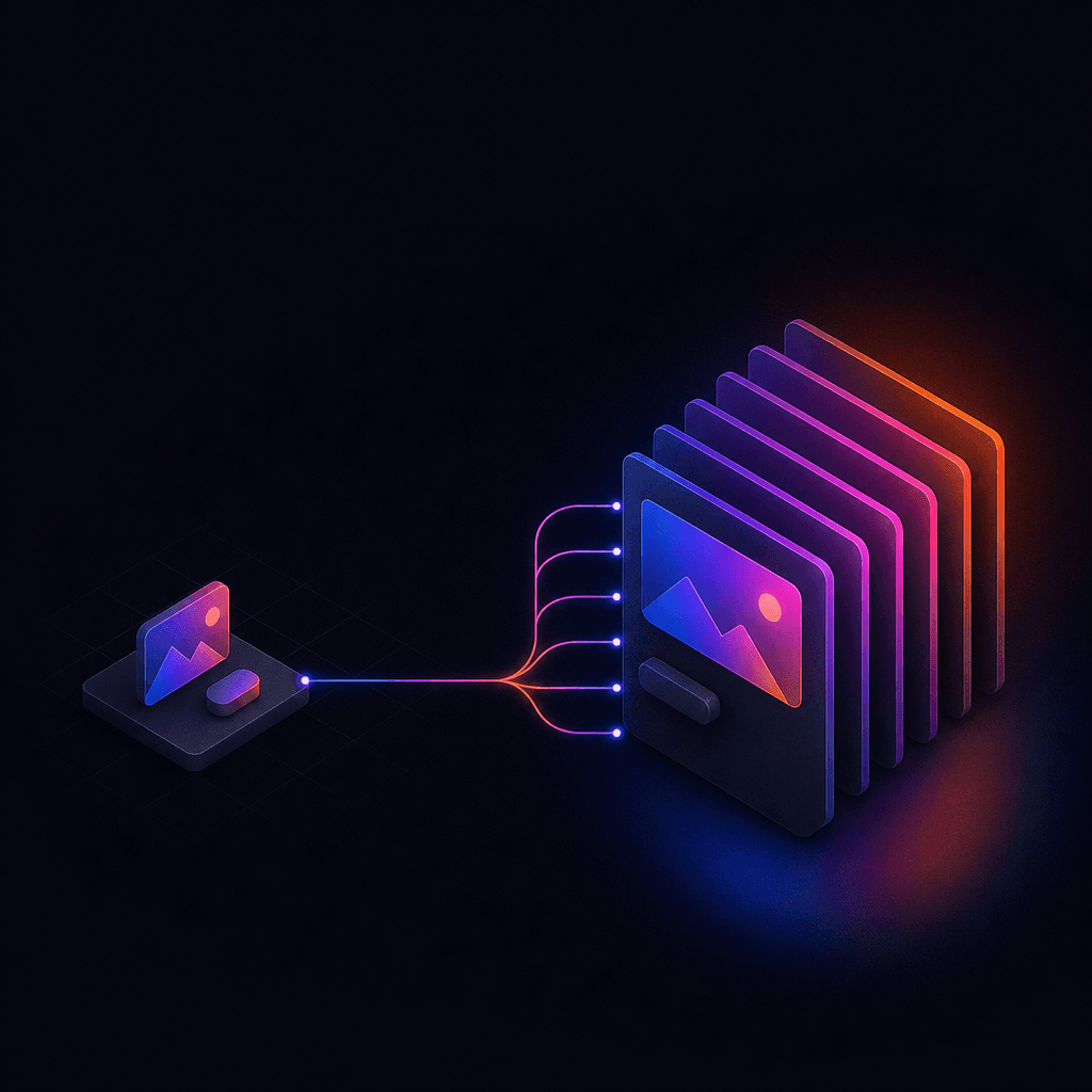 Abstract layered illustration: a single cramped grid cell on the left expanding into a clean parallel stack of ad cards on the right, connected by a thin routing line - the manual-to-bulk workflow shift every tool on this list represents