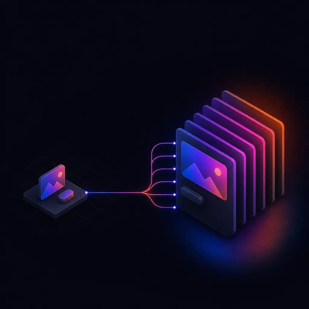 Abstract layered illustration: a single cramped grid cell on the left expanding into a clean parallel stack of ad cards on the right, connected by a thin routing line - the manual-to-bulk workflow shift every tool on this list represents
