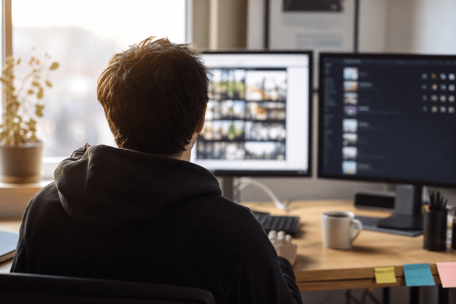 A performance marketer at a desk in early-morning light, two monitors open - a grid of ad creatives on one, a launch queue on the other, coffee beside the keyboard - the weekly bulk-launch ritual that Meta Ads Manager alternatives exist to compress