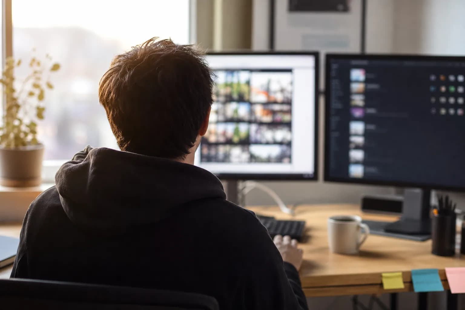 A performance marketer at a desk in early-morning light, two monitors open - a grid of ad creatives on one, a launch queue on the other, coffee beside the keyboard - the weekly bulk-launch ritual that Meta Ads Manager alternatives exist to compress