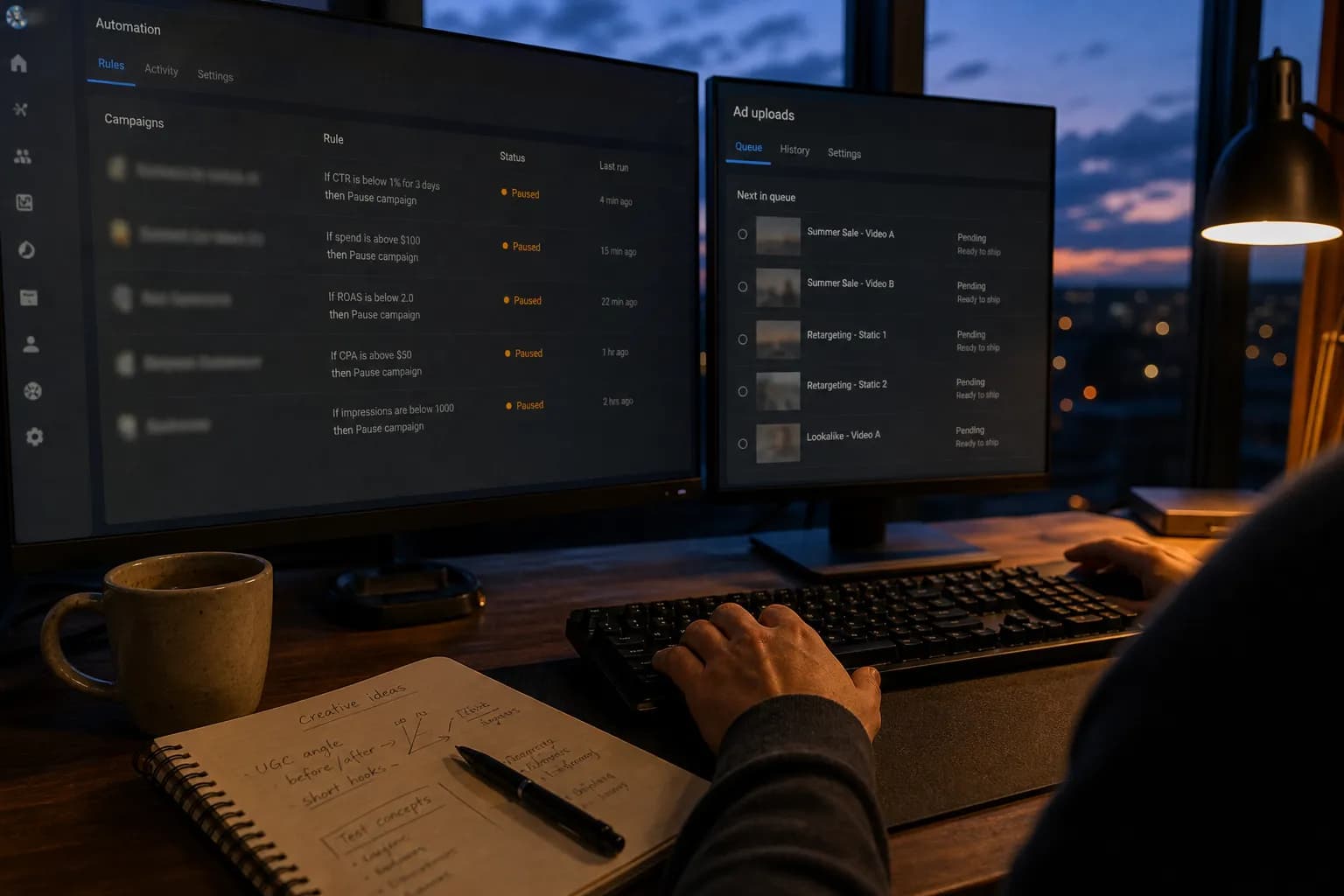 A workspace at dusk showing two monitors: one with an automation rules engine listing paused and scaled campaigns, the other with a stacked ad-launch queue waiting to ship - the daily tension between automating live spend and launching the next batch