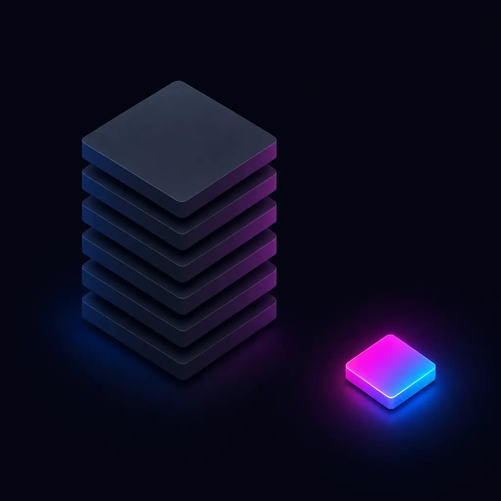 A tall, heavy six-layer enterprise tile stack beside a single small focused tile that glows brighter