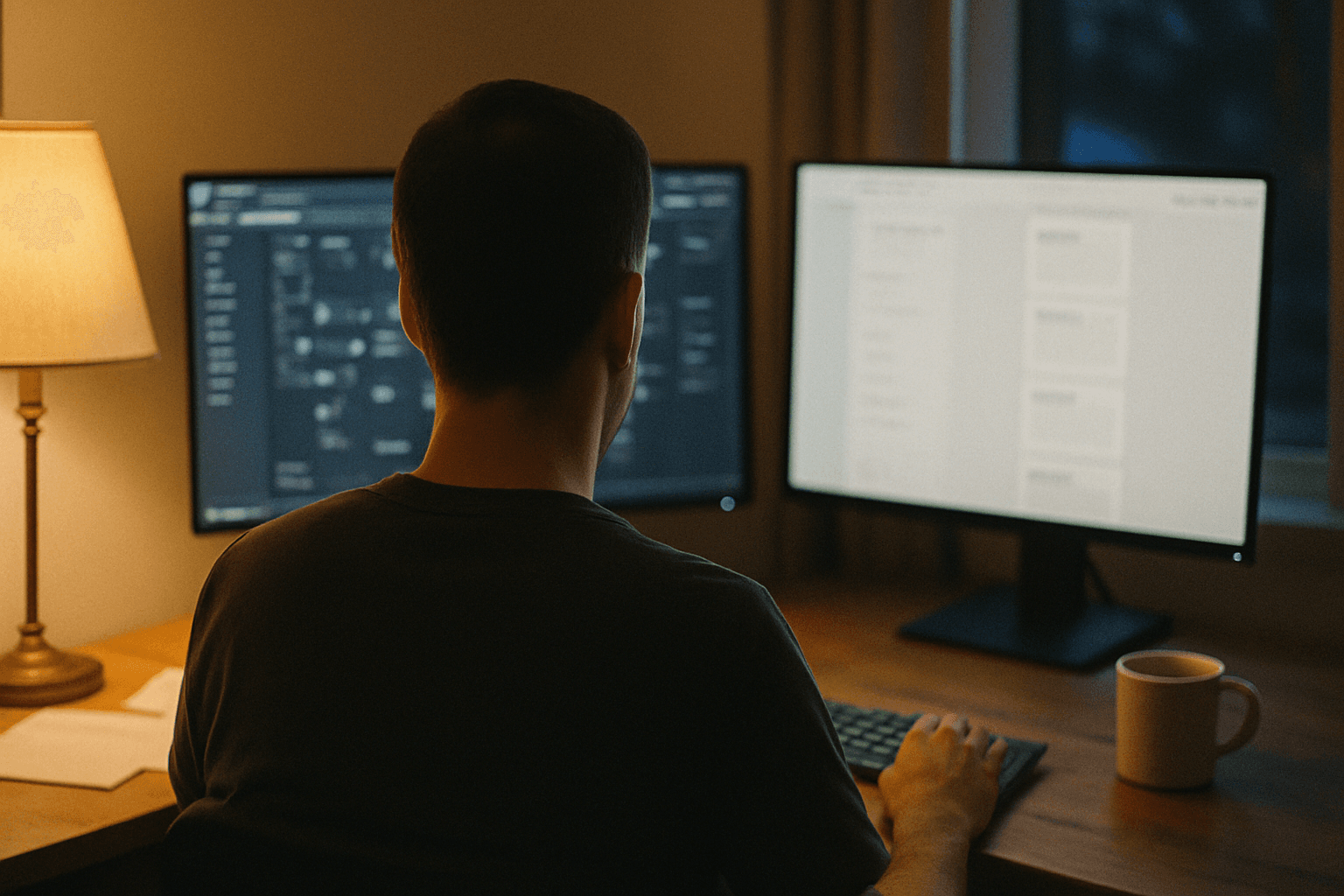 A workspace at dusk showing two monitors: one with an enterprise creative-automation cockpit listing template trees and product feeds, the other with a lean bulk-launch queue waiting to ship - the daily tension between running an enterprise stack and launching the next batch